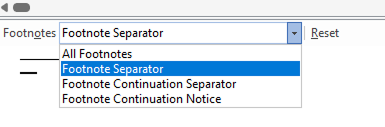 Screenshot of the Footnotes editing panel in Microsoft Word